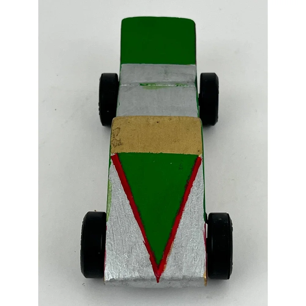 Pinewood Derby Wooden Race Car Green Silver Painted Handmade Cub Scouts VTG